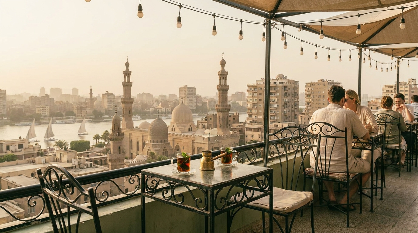 Cairo at golden hour from a rooftop cafe