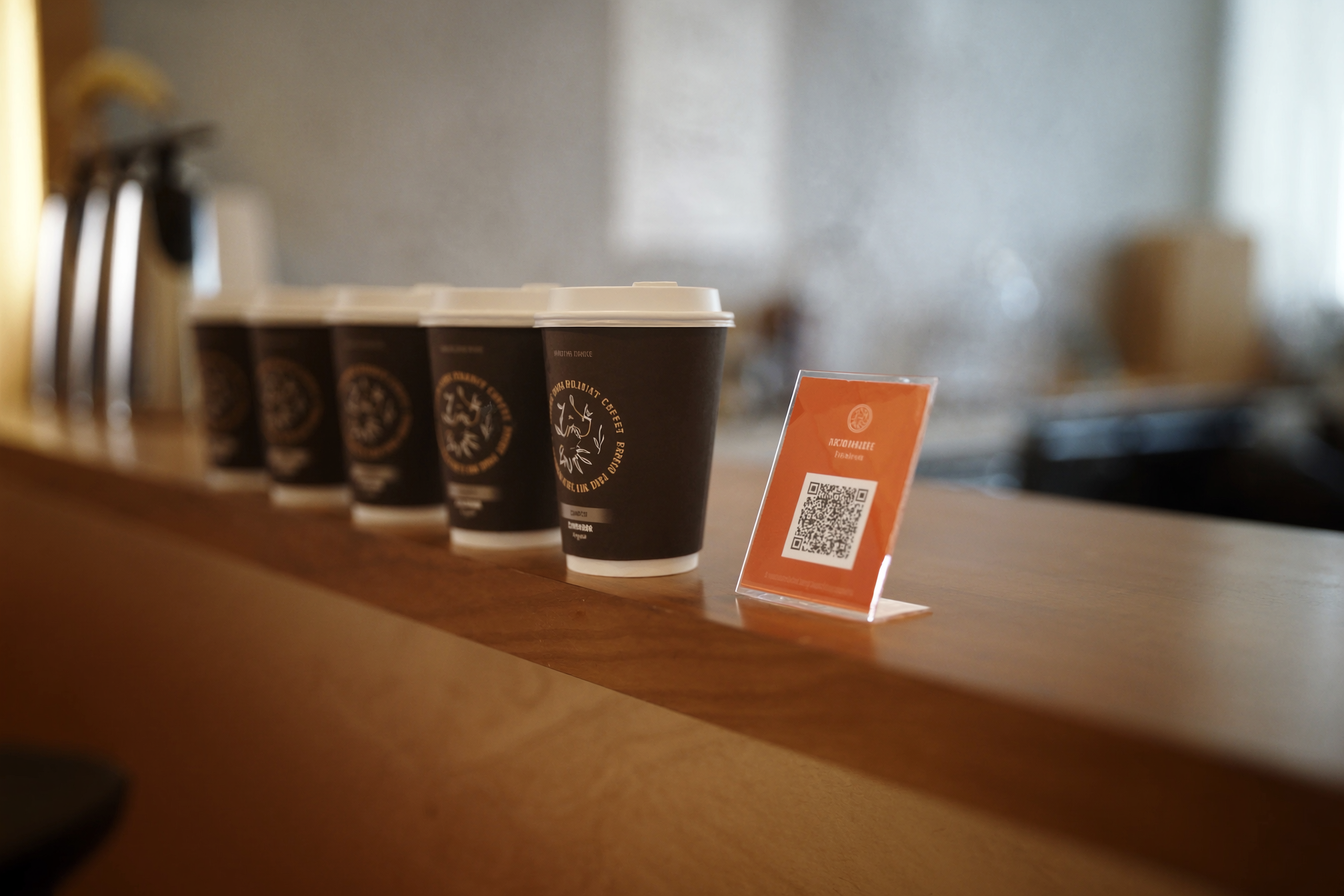Specialty coffee shop counter with grab-and-go takeaway cups and a Aada QR card