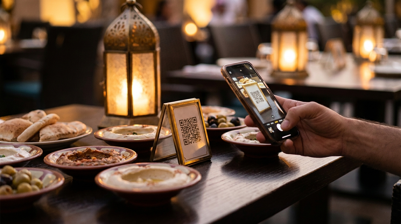 A diner scanning a Aada QR code at a restaurant table